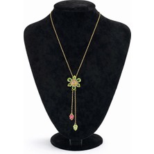 Pangu Renkli Taşlı Çiçek Motifli Altın Renk Y Çelik Zincir Kolye