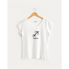 Kidilia Yay Burcu Tasarımlı Kadın V Yaka %100 Pamuklu T-Shirt