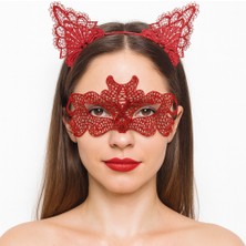 Sb Shopping Ateş Kırmızısı Dantel Taç ve Maske Seti 10 No - Maskeli B &amp; Özel Gün Seti