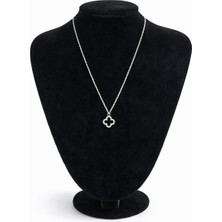 Pangu Siyah Tek Yonca Motifli Gümüş Renk Çelik Zincir Kolye