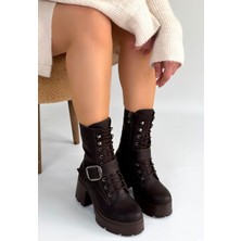 Alfaze Yandan Fermuarlı Bağcıklı Topuklu Bot Acı Kahve Topuk Boyu 7 cm