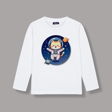 Mixxi Fashion Sevimli Kedi Astronot Uzay Cute Cat Baskılı Uzun Kollu Unisex  Çocuk Tişört (4-13 Yaş)