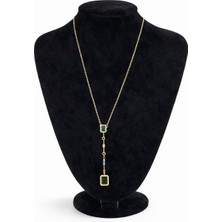 Pangu Geometrik Taşlı Altın Renk Uzun Zincir Çelik Kolye