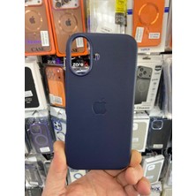 Elixem İphone 16 Uyumlu Lacivert İçi Kadife Logolu Deri Gizli Magsafe Sert Kılıf