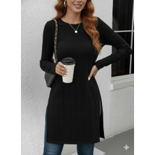 Queene Dreams Kadın Uzun Kollu Bisiklet Yaka Iki Yandan Yırtmaç Detay Triko Bluz