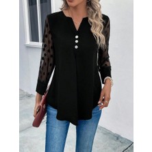 Kadın Uzun Kollu Yakadan Düğmeli Kolları Tül Detaylı Viskon Bluz