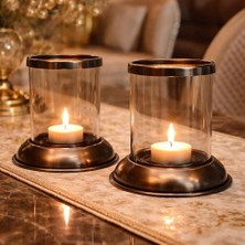 Kristal Camlı ve Antik Pirinç Kaplamalı El Yapımı Metal 2’li Mumluk Seti