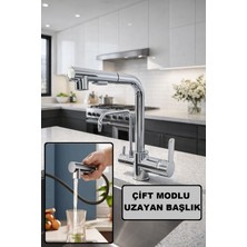 Rena Design Krom Arıtmalı Spiralli 2 Modlu Başlık L Boru Mutfak Evye Bataryası  Gümüş Prinç Armatür Musluk