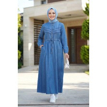 Harman Butik Kadın Dantel Detaylı Belden Sıkmalı Cepli Kot Mavi Elbise