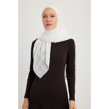 A25259 Jakarlı Simli Ekose Şifon Eşarp 120X120CM - Ekru