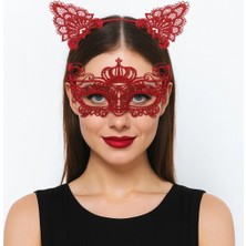 Shopwave Dila Lüks Kırmızı Dantel Taçlı Maske Seti 2 No - Parti, Balo, Kostüm Aksesuarı (5047) 115524