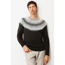 Desen Triko Erkek Sıfır Yaka Robası Baklavalı Yün Kazak M.kahve