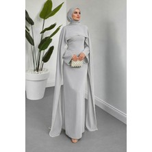 Tesettür Diyarı Mayres Pelerinli Incili Krep Tesettür Abiye- Gümüş