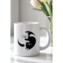YasBey Design Siyah Beyaz Kedi Desenli 330ML Baskılı Beyaz Seramik Kupa Bardak