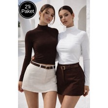 Rich Kadın Kahverengi Beyaz 2'li Paket Yarım Balıkçı Yaka Uzun Kollu Crop Bluz