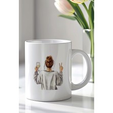 YasBey Design Şarap Kadehli Kadın Figürlü 330ML Baskılı Beyaz Seramik Kupa Bardak