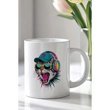 YasBey Design Müzik Dinleyen Kedi Tasarımlı 330ML Baskılı Beyaz Seramik Kupa Bardak