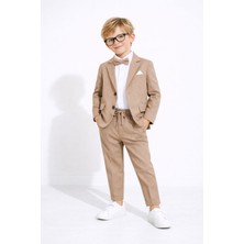 Cansın Mini Kahverengi Keten Ceket ve Pantolonlu Erkek Çocuk Papyonlu 4lü Takım Elbise  23523