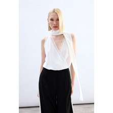 Sateen Dantel Detaylı Bodysuit Bluz - Ekru