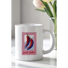 YasBey Design Just Chillin Yazılı Acı Biber Tasarımlı 330ML Baskılı Beyaz Seramik Kupa Bardak