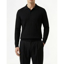 Italyan Stil Slim Fit Polo Yaka Triko Kazak Siyah T14487