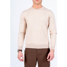 Italyan Stil Slim Fit Bisiklet Yaka Erkek Triko Kazak Bej T15082