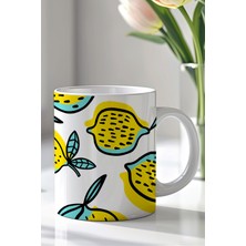 YasBey Design Yaz Temalı Limon Desenli 330ML Baskılı Beyaz Seramik Kupa Bardak