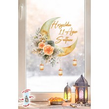 Msticker Hoşgeldin 11 Ayın Sultanı Cam Sticker | Çift Taraflı %100 Net | Çiçekli Ay ve Fener Tasarım 32X38 cm
