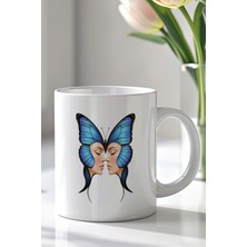 YasBey Design Kelebek Kadın Tasarımlı 330ML Baskılı Beyaz Seramik Kupa Bardak