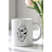 YasBey Design Duygu Maskeleri Temalı Minimal Sanat Tasarımlı 330ML Baskılı Beyaz Seramik Kupa Bardak