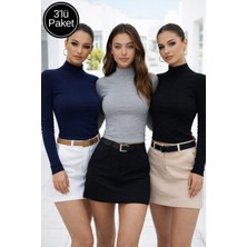 Rich Kadın Siyah Gri Lacivert 3'li Paket Yarım Balıkçı Yaka Uzun Kollu Crop Bluz