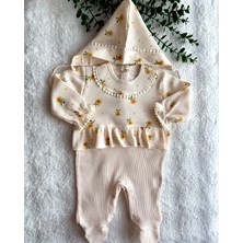 Beren %100 Pamuk Ayçiçeği Desenli Waffle Kumaş Fırfırlı Patikli Şapkalı Tulum