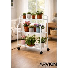 Arvion Home Beyaz 3 Katlı Metal Tekerlekli Mutfak ve Dekoratif Saksılık Rafı-Organizer
