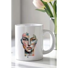 YasBey Design Geometrik Kadın Yüzü Desenli 330ML Baskılı Beyaz Seramik Kupa Bardak