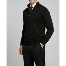 Italyan Stil Slim Fit Fermuarlı Polo Yaka Triko Kazak Siyah T14508