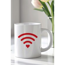 YasBey Design Kalp Wifi Simgeli 330ML Baskılı Beyaz Seramik Kupa Bardak