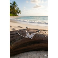 Gümüş Renk Asansör Zincir Kelebek Zirkon Taşlı 316 L. Çelik Kararmaz Çelik Bileklik