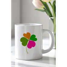 YasBey Design Dört Yapraklı Yonca Desenli 330ML Baskılı Beyaz Seramik Kupa Bardak