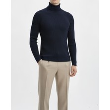 Italyan Stil Slim Fit Fitilli Boğazlı Triko Erkek Kazak Lacivert T10618