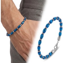 Moncuk Design Arpa Kesim Mavi ve Gümüş Hematit Doğal Taşlı Ayaranabilir Çelik Zincir Bileklik 33512B10D3