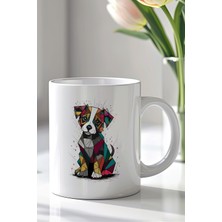 YasBey Design Geometrik Renkli Köpek Desenli 330ML Baskılı Beyaz Seramik Kupa Bardak