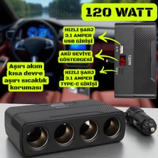 Bufs 120W Araç Içi Çakmaklık Çoğaltıcı – Type-C + USB Hızlı Şarj, 4 Soketli Araç Şarj Cihazı, Dijital Voltaj Göstergeli