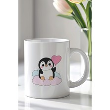 YasBey Design Kalp Balonlu Penguen Figürlü 330ML Baskılı Beyaz Seramik Kupa Bardak