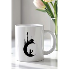 YasBey Design Islami Tasarım Hilal ve Silüet 330ML Baskılı Beyaz Seramik Kupa Bardak