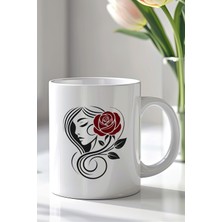 YasBey Design Gül ve Kadın Tasarımlı 330ML Baskılı Beyaz Seramik Kupa Bardak