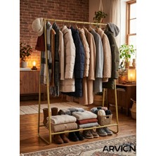 Arvion Home Metal Gold Elbise Askılığı ve Dayanıklı Raflı Giysi Standı-Kıyafet Organizeri
