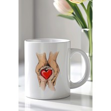 YasBey Design Sevgi Dolu Eller Kalp Figürlü 330ML Baskılı Beyaz Seramik Kupa Bardak