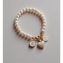 Taşmir Sertifikalı 7-8 mm Gerçek Inci Bileklik - Altın Kaplama Aparatlar - Harf ve Kalp Charm
