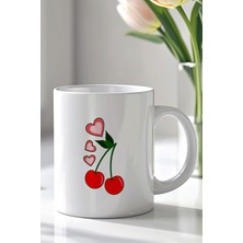 YasBey Design Kirazlı Kalpli Tasarım 330ML Baskılı Beyaz Seramik Kupa Bardak