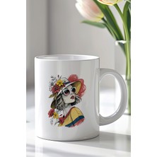 YasBey Design Vintage Stil Kadın Figürlü Çiçek Desenli 330ML Baskılı Beyaz Seramik Kupa Bardak